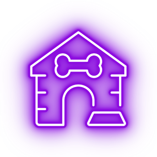 A neon sign of a dog house with a bone and a bowl.
