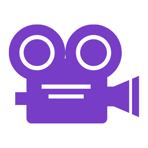 A purple icon of a classic film camera, featuring two circular reels on top and a lens on the right.