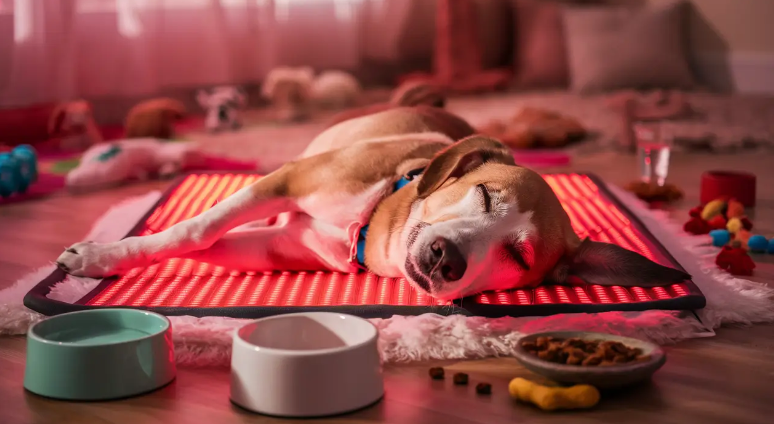 A dog is laying on a red blanket next to bowls of food.
