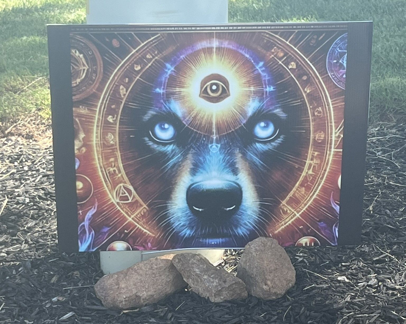 A painting of a dog with a third eye