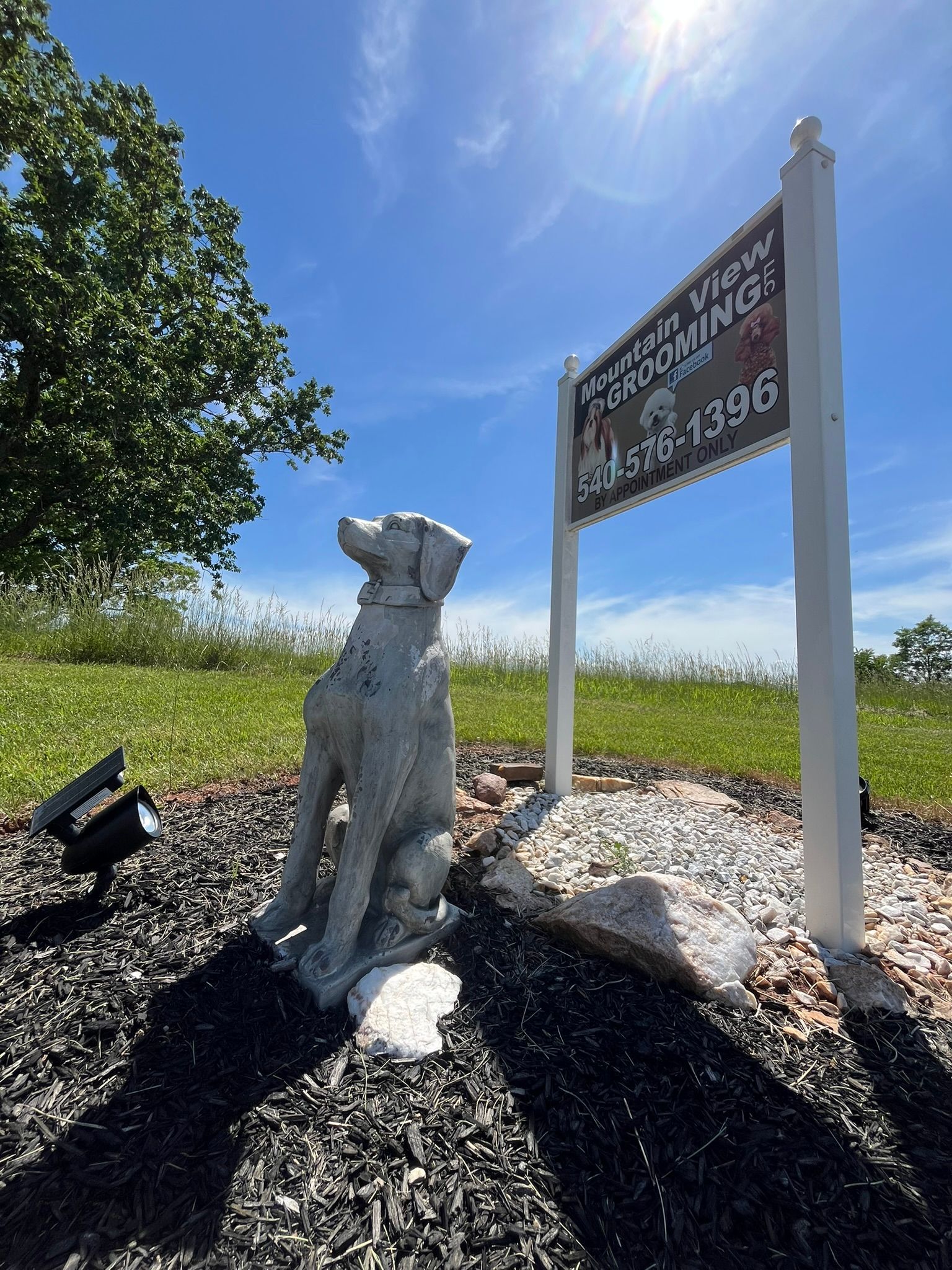 A statue of a dog is sitting in front of a sign.