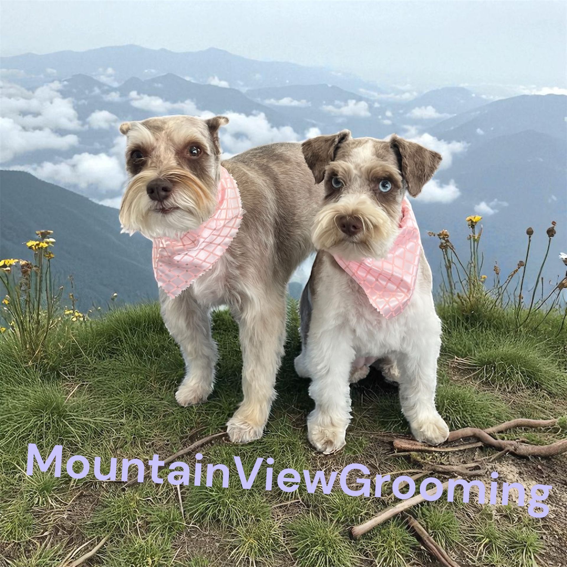 Two Schnauzers wearing pink bandanas stand on a grassy mountain peak overlooking a cloudy valley.