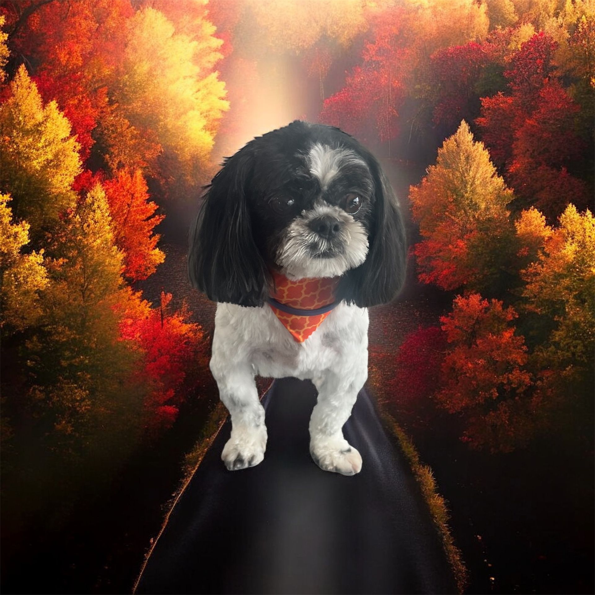 A black and white dog with an orange bandana standing on a road bordered by vibrant autumn trees.