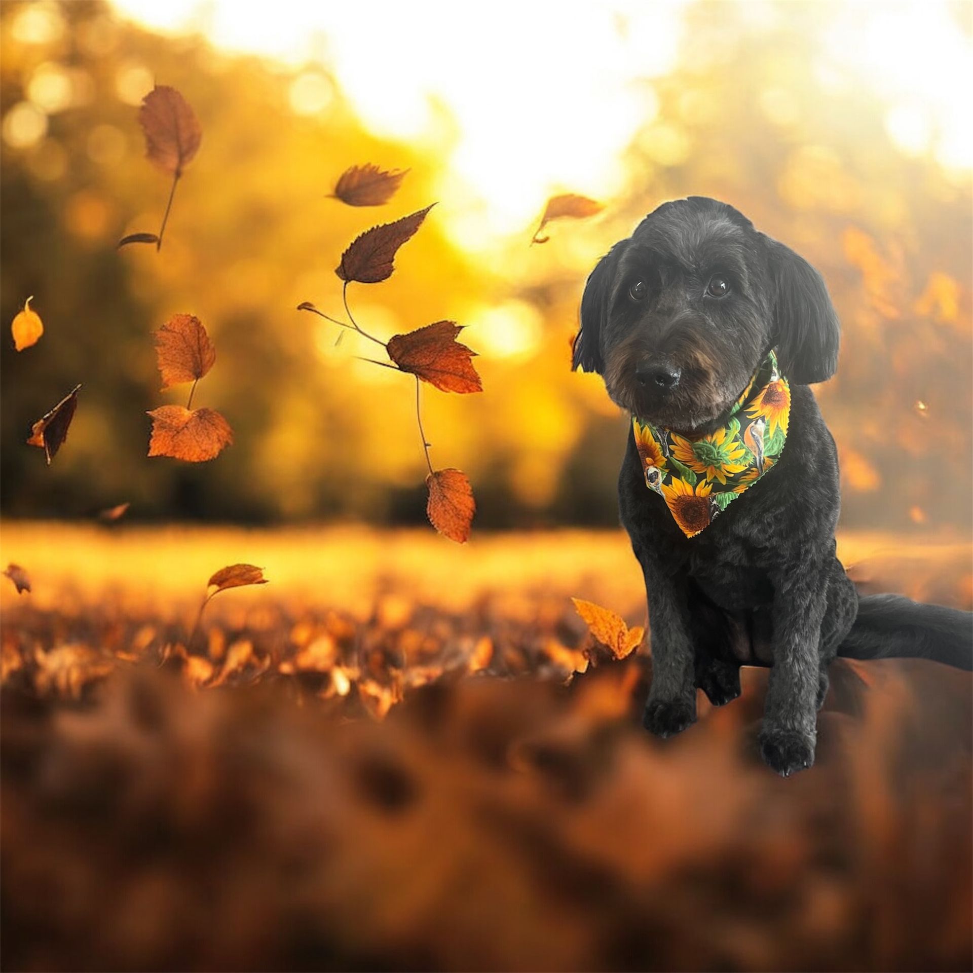A black doodle-mix dog with a sunflower bandana sitting in a park surrounded by falling orange autumn leaves.