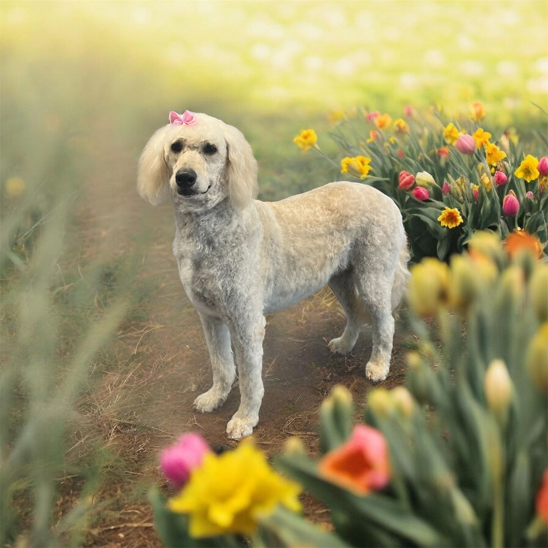 A cream-colored poodle with a small pink bow standing on a dirt path surrounded by colorful tulips and daffodils.