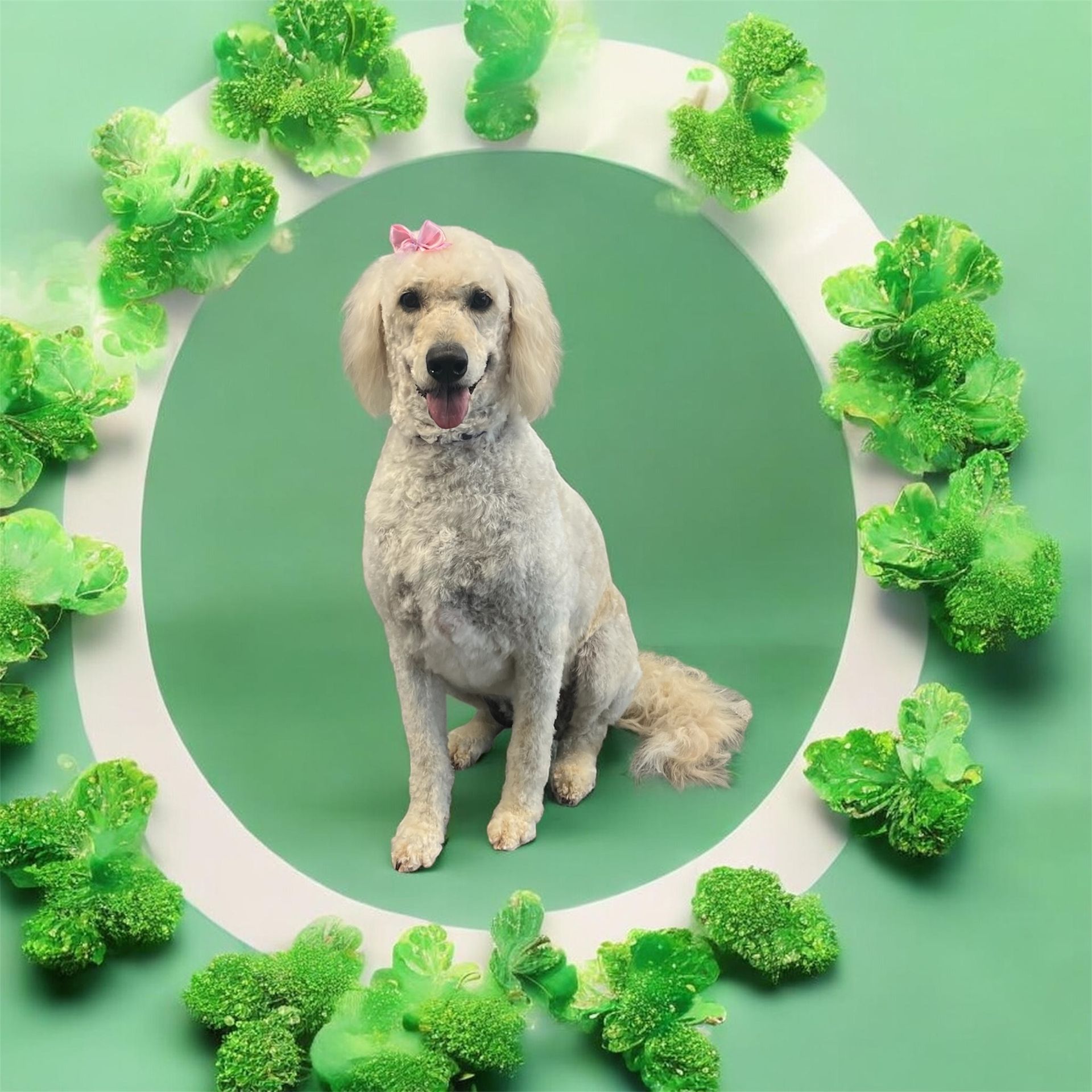 A light-colored dog with a pink hair bow sits centered against a green background, framed by a border of green shamrocks.