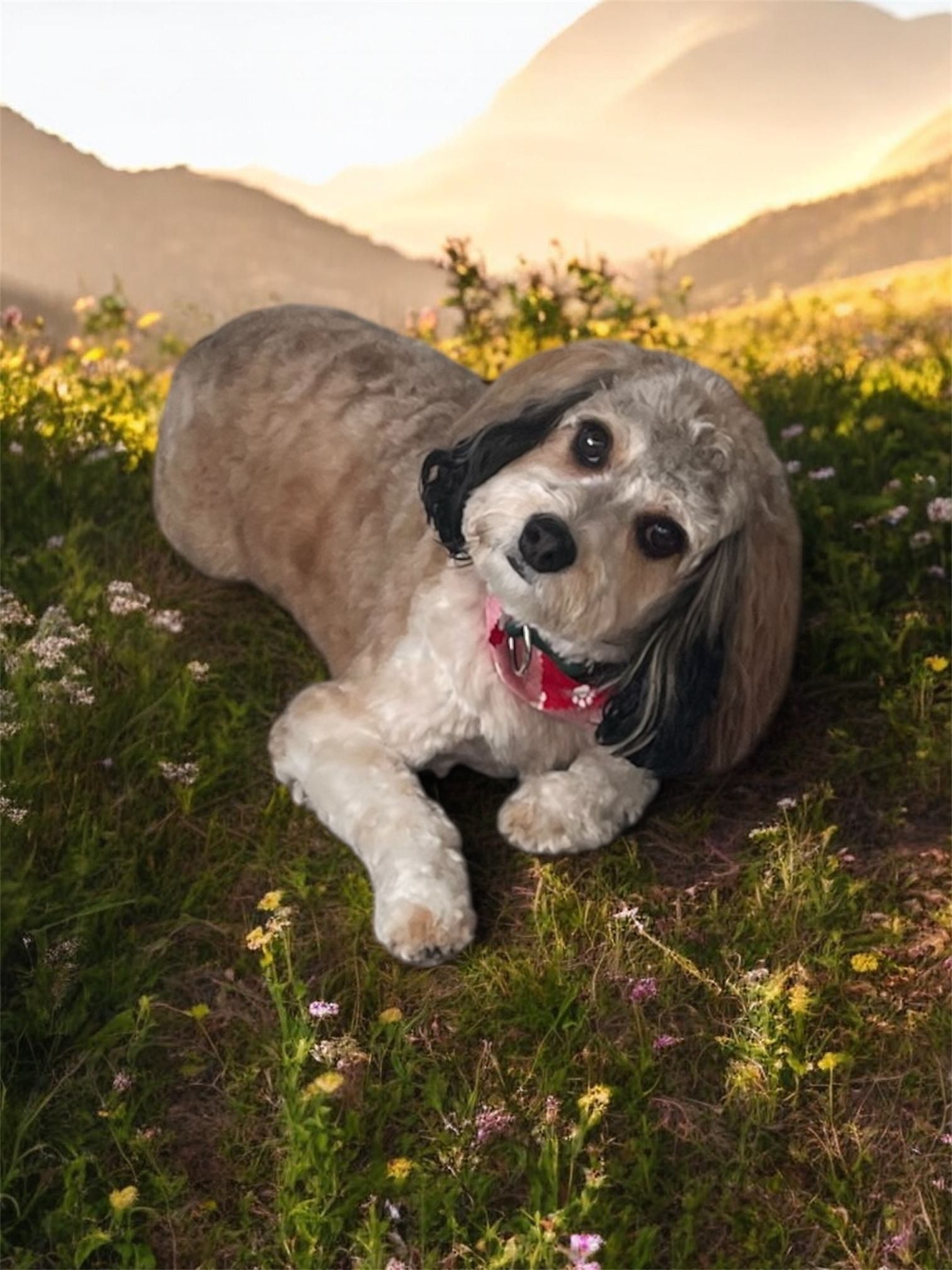 A dog with a tan and dark-eared coat sits in a sunny, flower-filled grassy field, head tilted curiously at the camera.