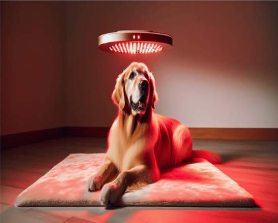 A dog is laying on a bed under a red light