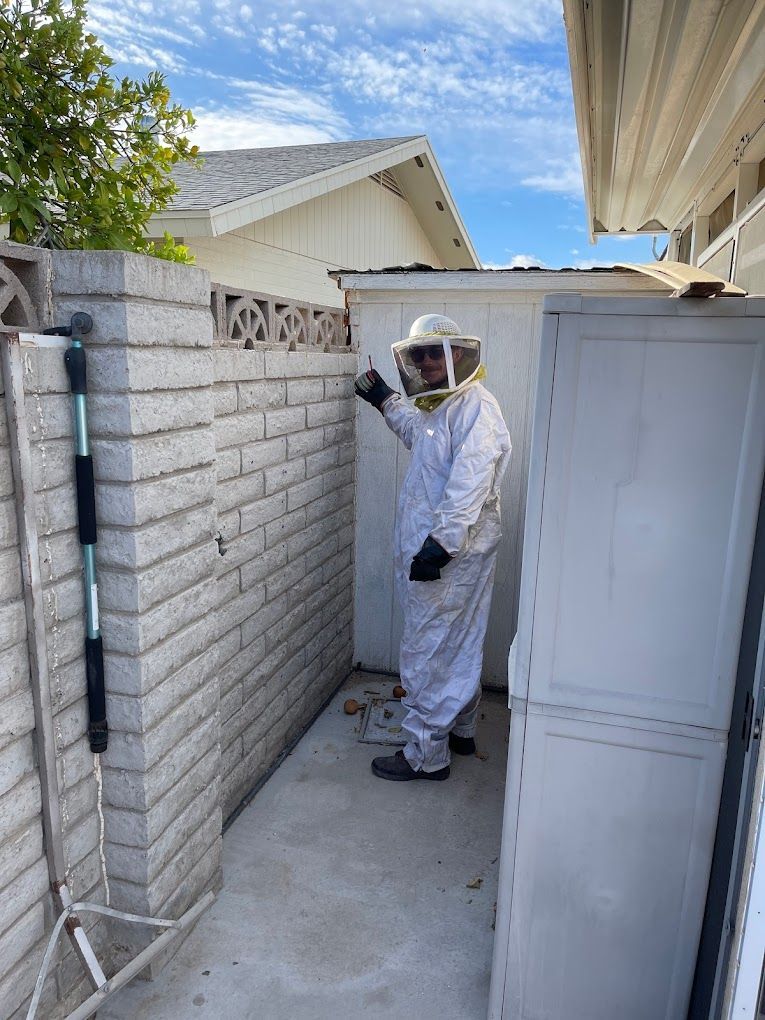 A man in a bee suit is standing next to a brick wall.
