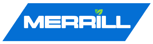 A blue and green logo for merrill with a green leaf