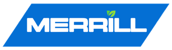A blue and green logo for merrill with a green leaf