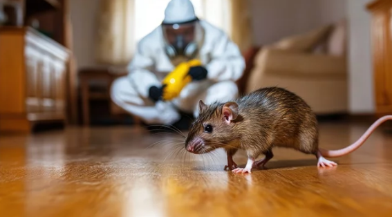 Rat on wood floor with pest control worker in the background, wearing protective gear.