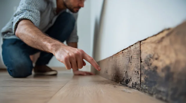 Man inspecting mold on baseboard in a home.