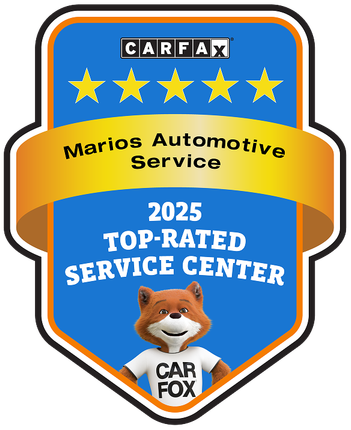 CARFAX 2025 Top-Rated Service Center badge for Marios Automotive Service with blue, gold, and orange design | Mario’s Automotive