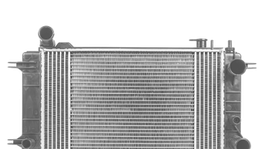 Front view of a car radiator with silver fins and black side tanks against a white background | Mario’s Automotive
