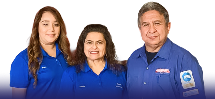 Three people in blue shirts posing against a white background | Mario’s Automotive