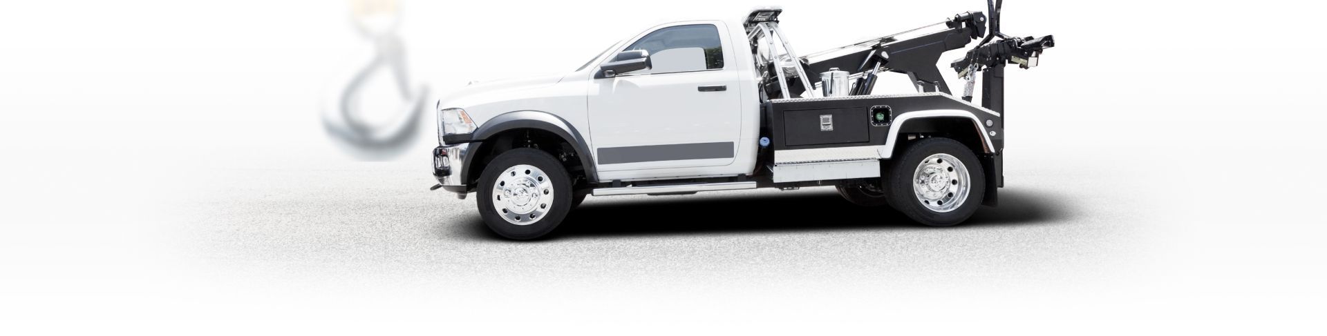 White tow truck with a mounted crane on a white background | Mario’s Automotive
