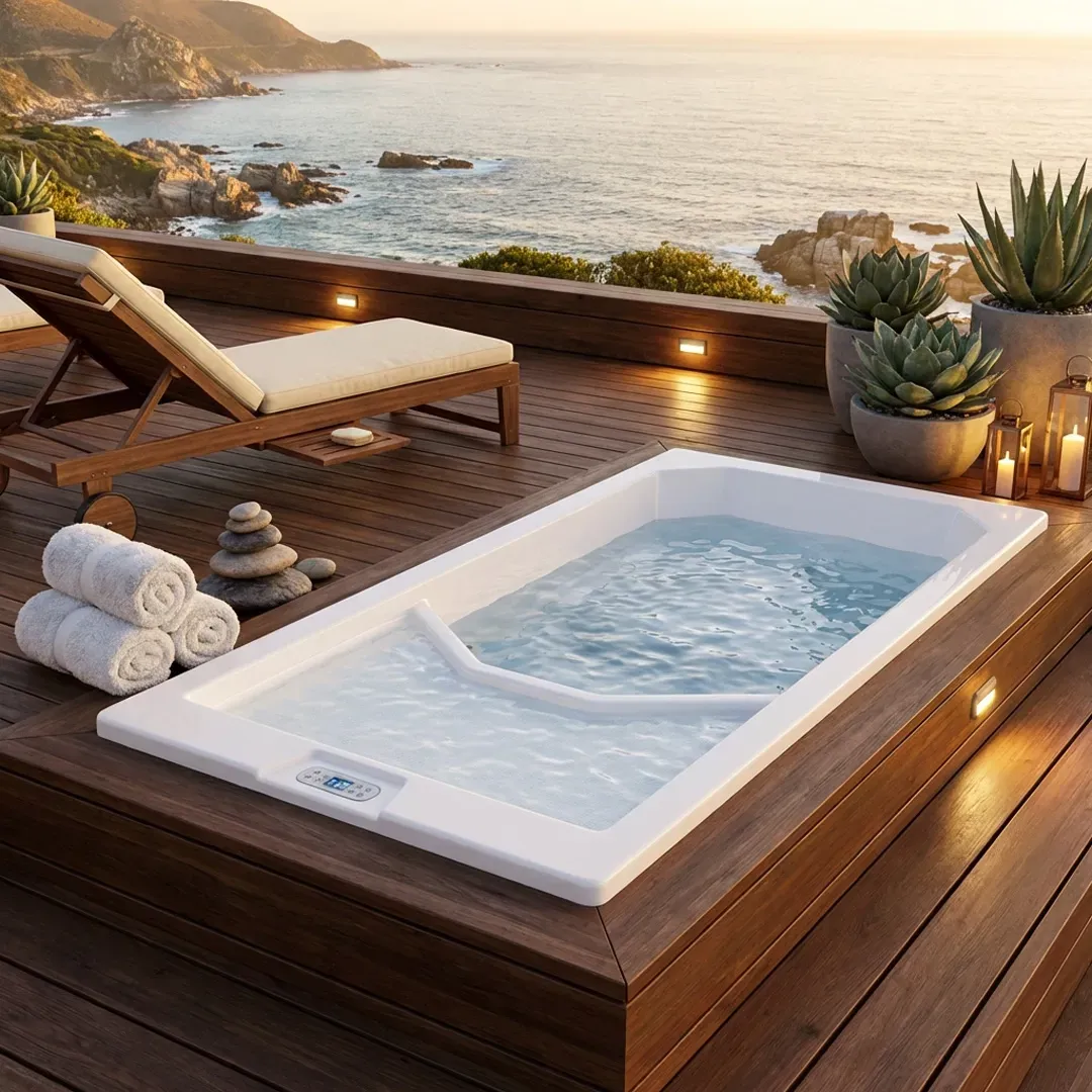 Un homme torse nu prend un bain dans une baignoire froide.