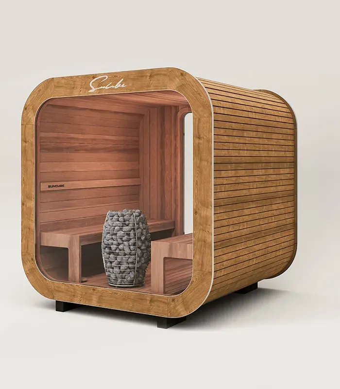 Un rendu 3D d'un sauna en bois sur fond blanc.