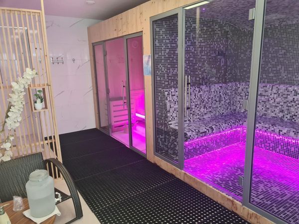 Une pièce avec un sauna et un hammam.