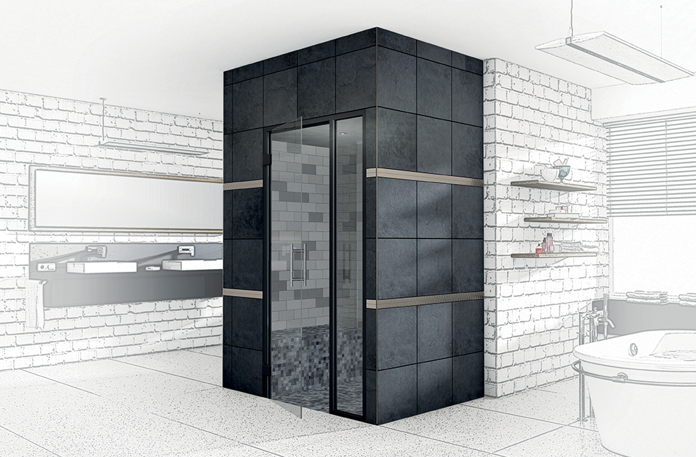 Un dessin en noir et blanc d'une salle de bain hammam avec un mur de briques