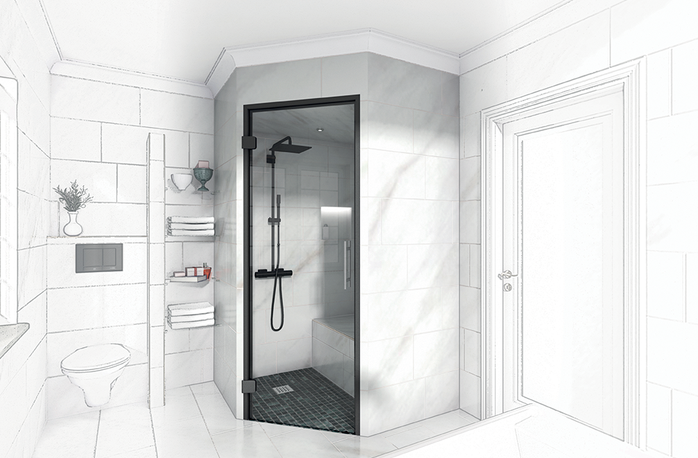 Un dessin en noir et blanc d'une salle de bain hammam avec douche.
