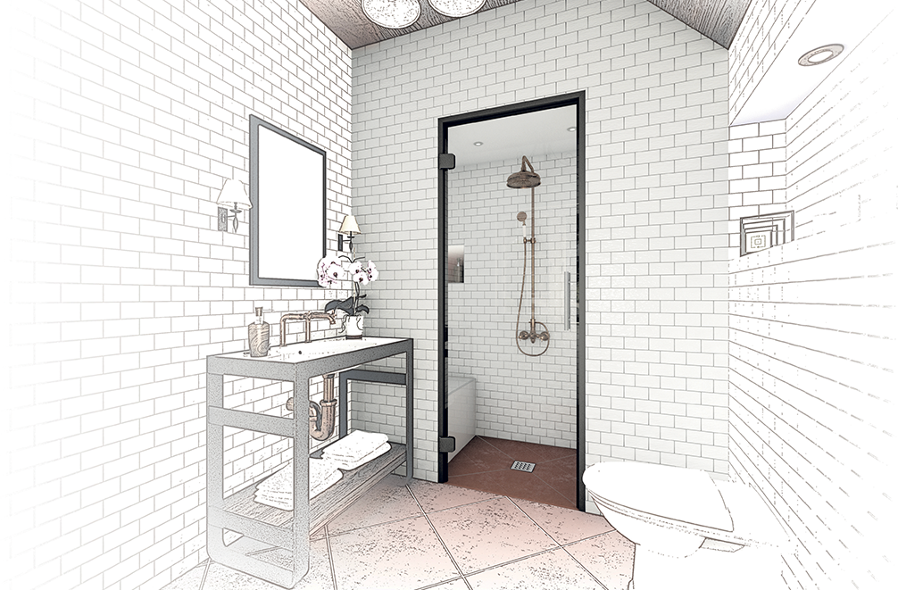 Un dessin en noir et blanc d'une salle de bain hammam avec un lavabo, des toilettes, un miroir et une douche.