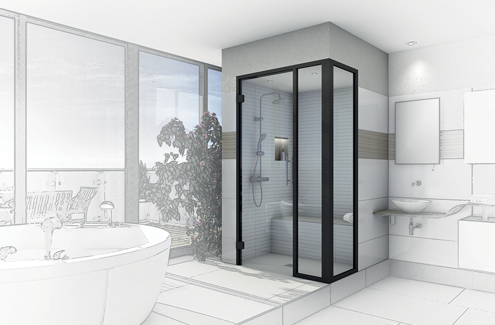 Un dessin en noir et blanc d'une salle de bain avec une douche hammam et une baignoire.