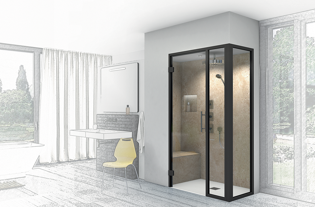 Un dessin d'une salle de bain hammam avec une douche et un lavabo.