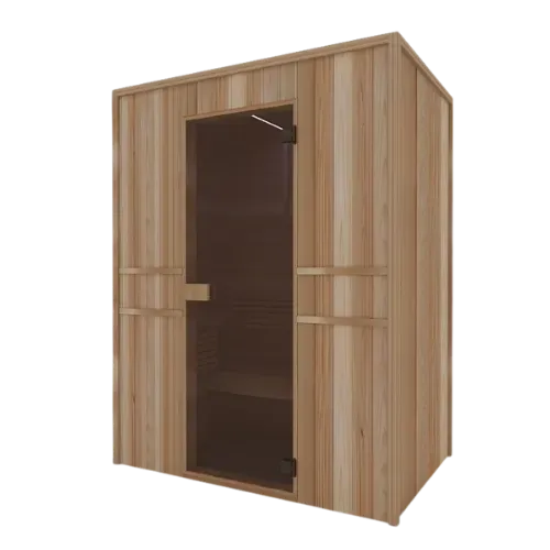 Un sauna en bois avec une lumière verte sortant de la porte.