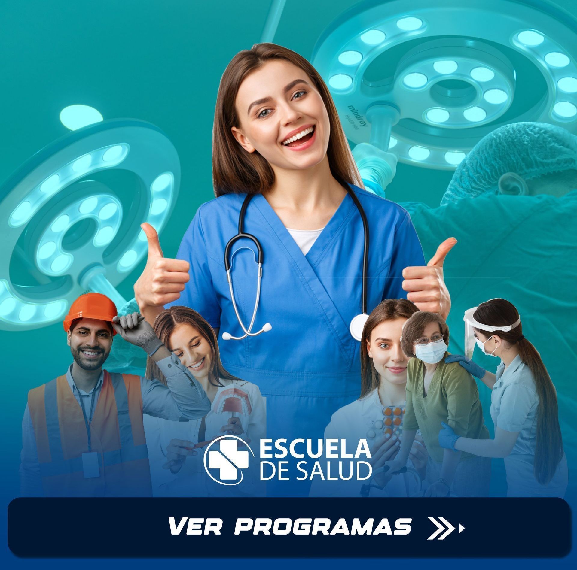 Una mujer con un uniforme azul hace un gesto de aprobación con el pulgar hacia arriba.