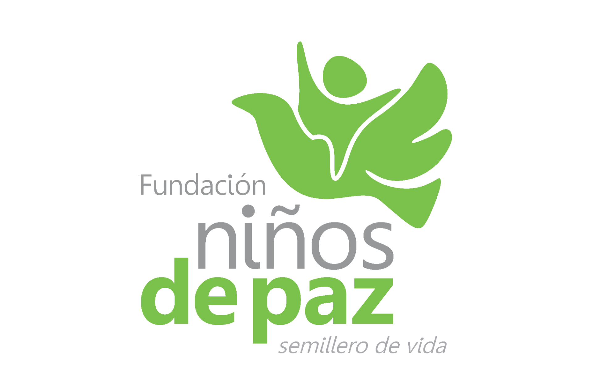 El logotipo de la Fundación Niños de Paz es un pájaro verde con una persona en él.