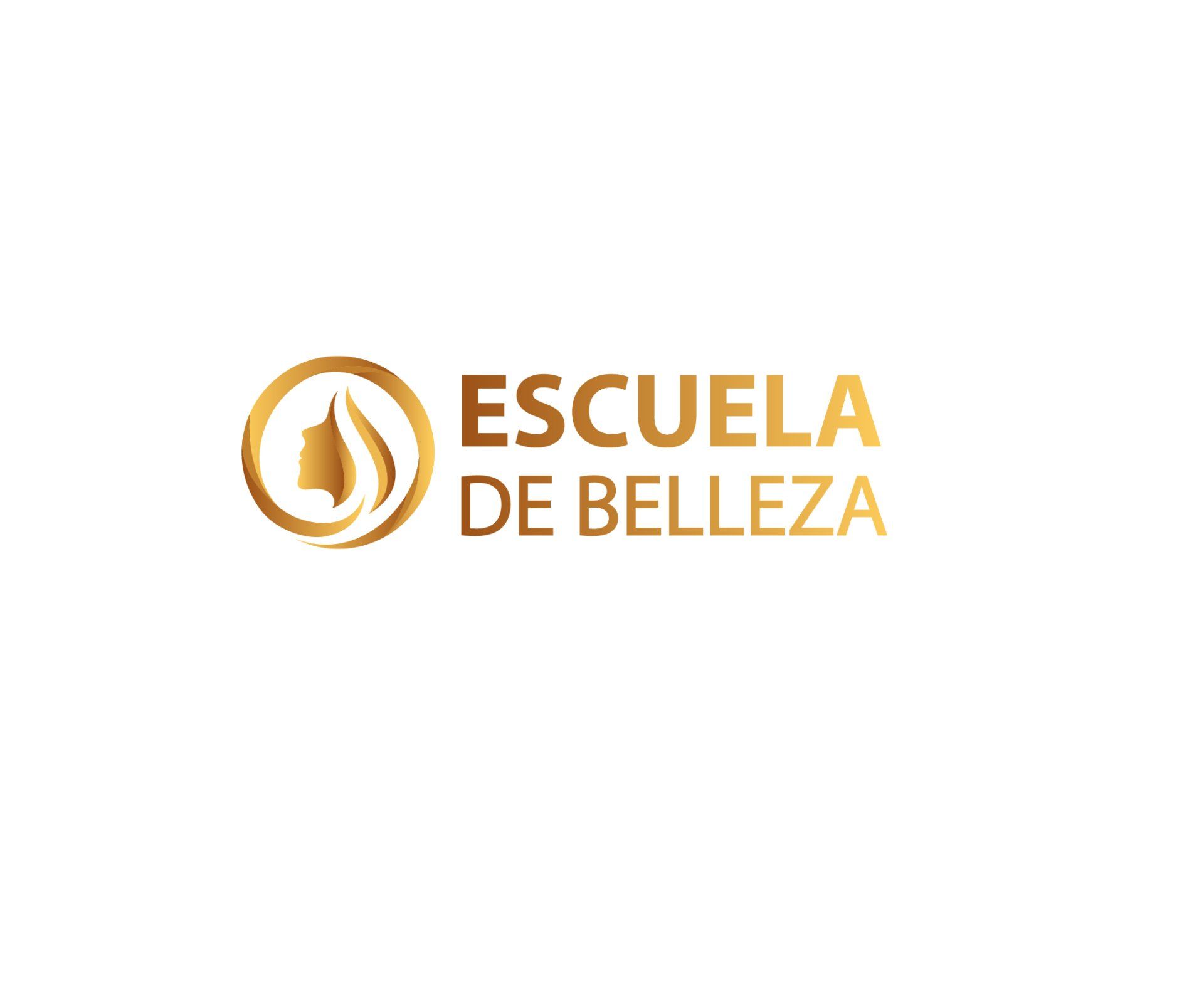 Un logotipo dorado para Escuela de Belleza sobre un fondo blanco.