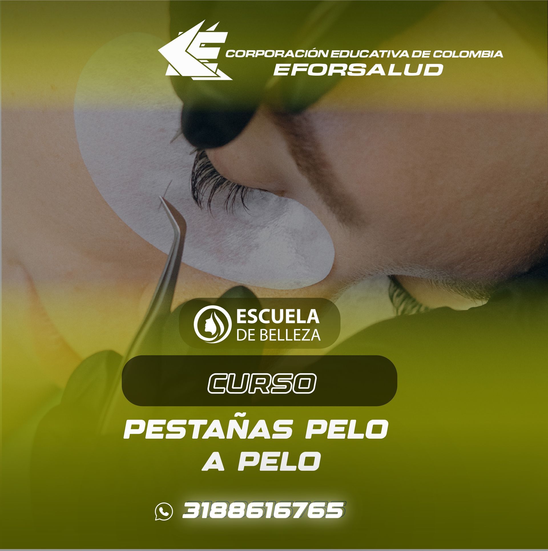 An advertisement for a course called pestañas pelo a pelo