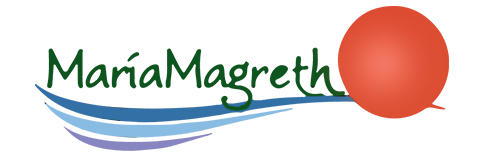 Un logotipo para Maria Magreth con un círculo rojo en el medio.