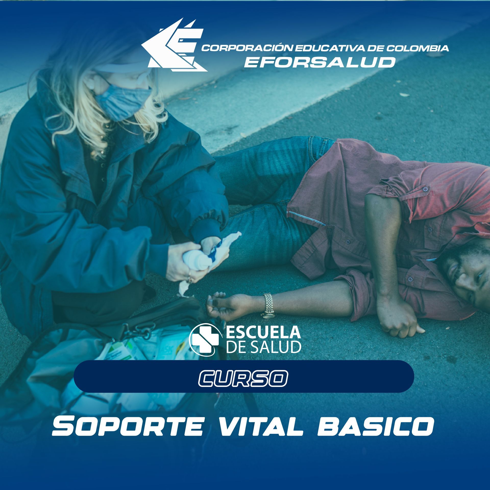 Una persona está tendida en el suelo con un fondo azul que dice eforsalud