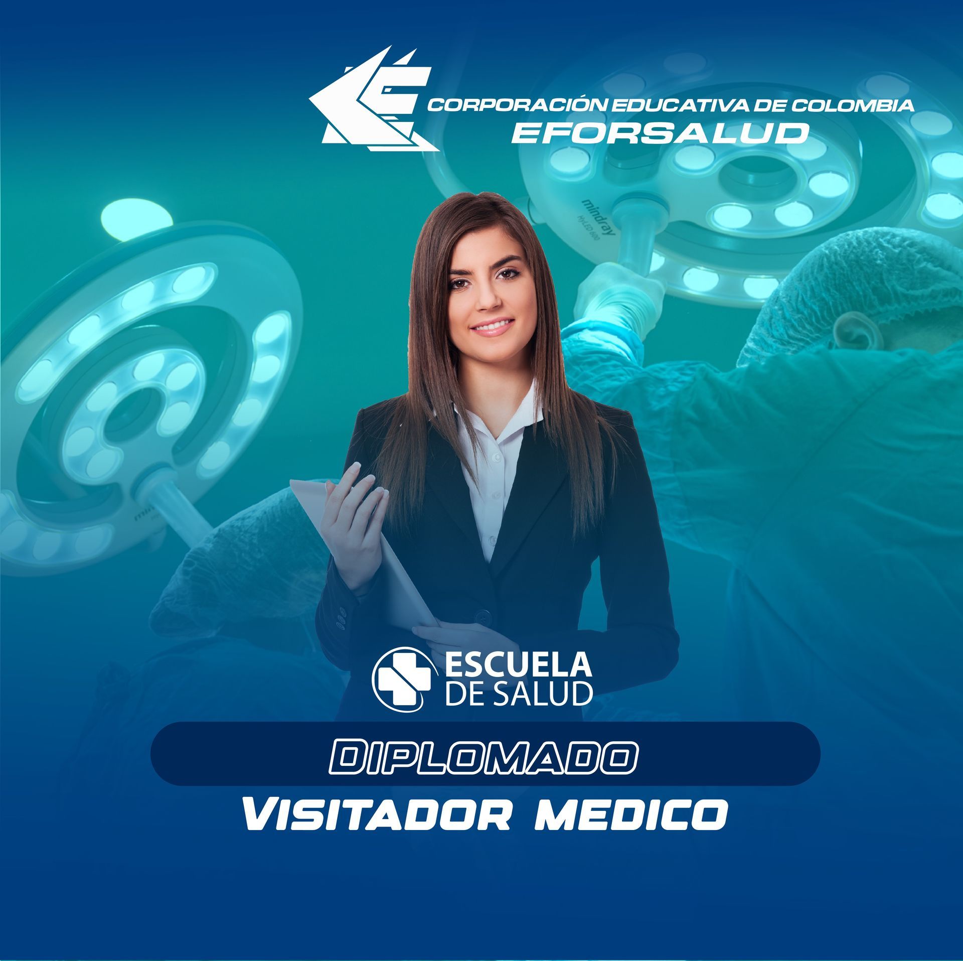 Una mujer con traje está parada frente a una sala de operaciones.