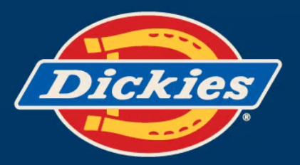 Dickies logo, featuring a red horseshoe around a blue rectangle with the brand name in white.