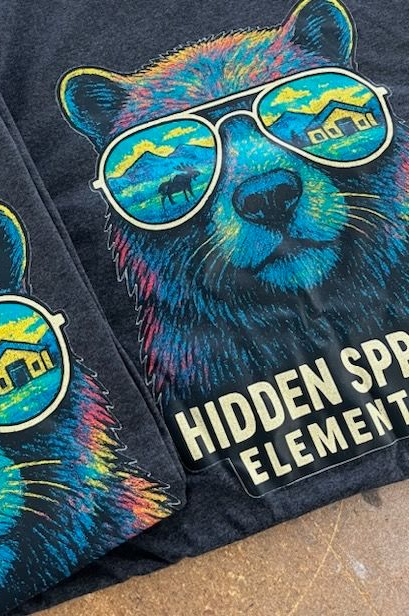 Bear wearing sunglasses with landscape reflection on a gray shirt that says 