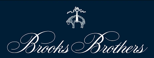 Brooks Brothers logo: white script text and a ram icon on a navy background.