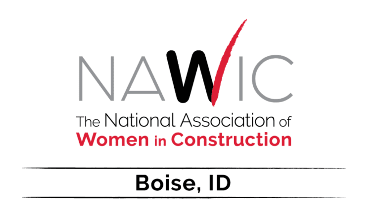 Logo of the National Association of Women in Construction (NAWIC), Boise, ID; grey text, black and red checkmark.