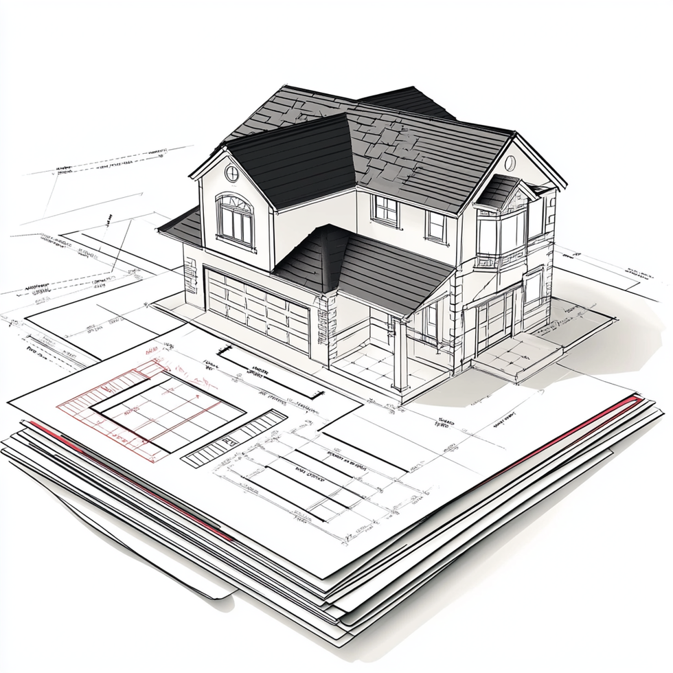A house is sitting on top of a stack of blueprints