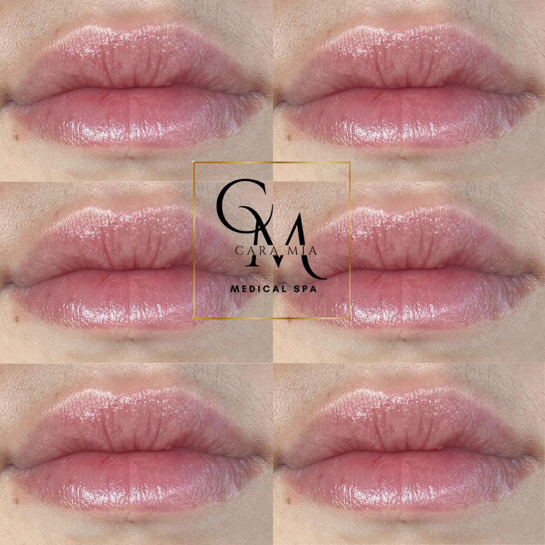 Six close-up views of full, glossy pink lips, with the 