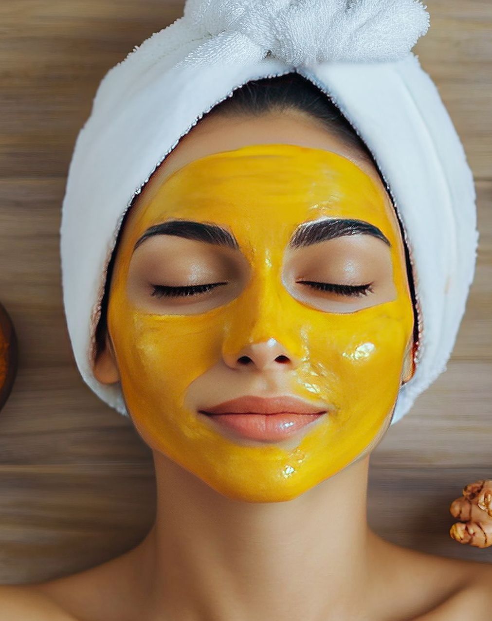 A woman with a towel wrapped around her head is wearing a yellow mask on her face.