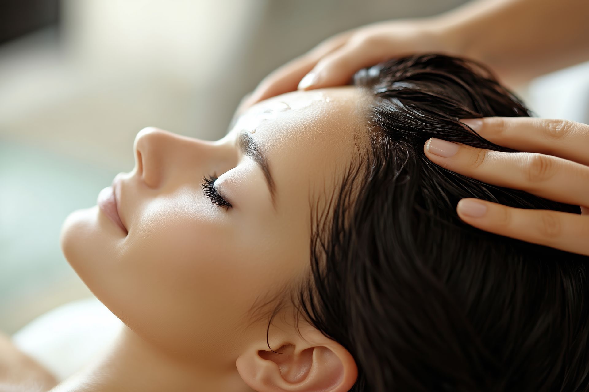 A woman is getting a head massage at a salon.