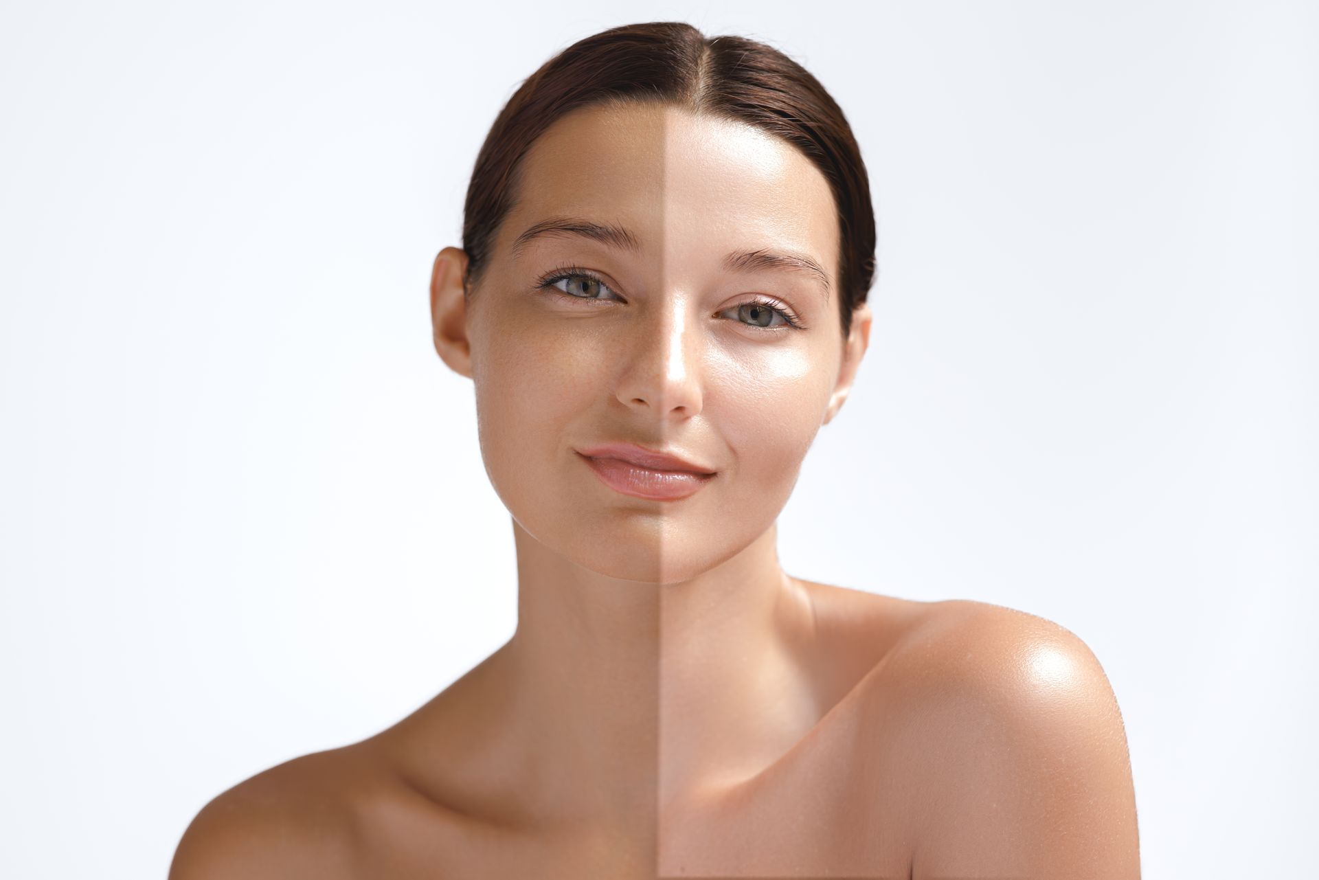 A woman 's face is shown before and after a tanning session.