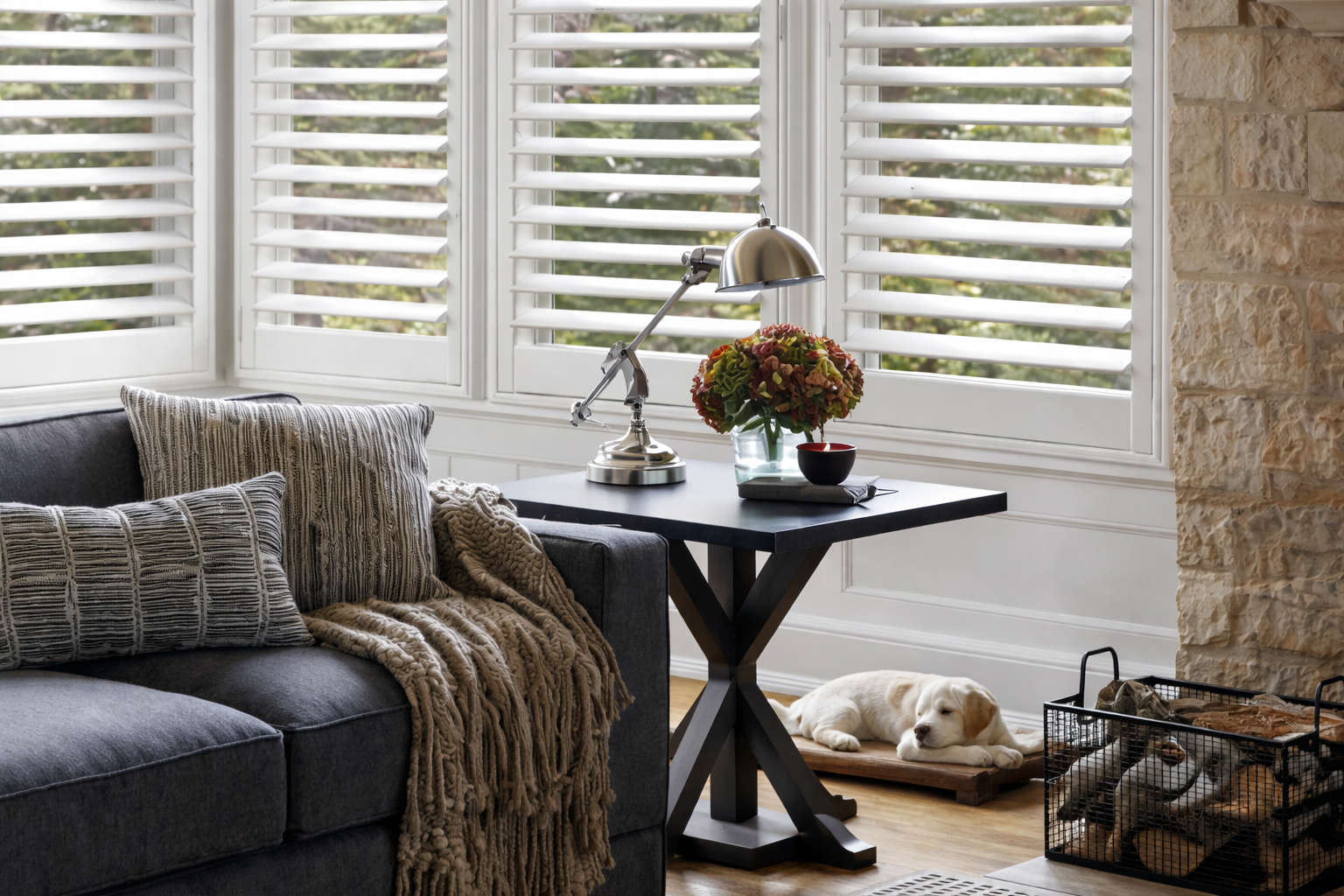 Black Hunter Douglas Heritance® Wood Shutters in a Dining Area near Lockport, NY