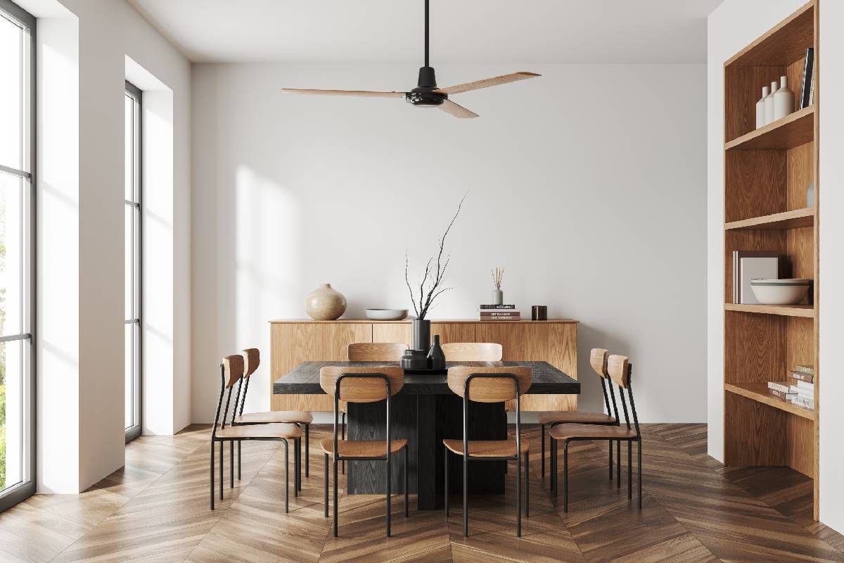 A modern dining room with a shelf for storage near Lockport, New York (NY)