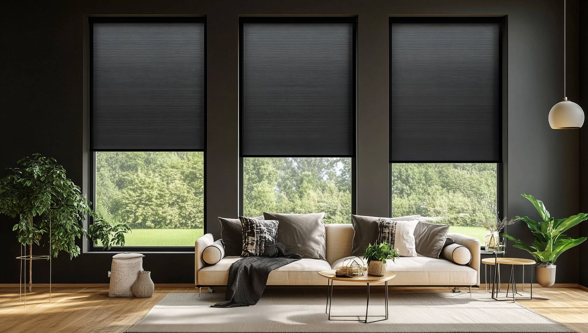 Blackout shades on three windows in a modern living room at Julie Muscato Home & Gifts near Lockport