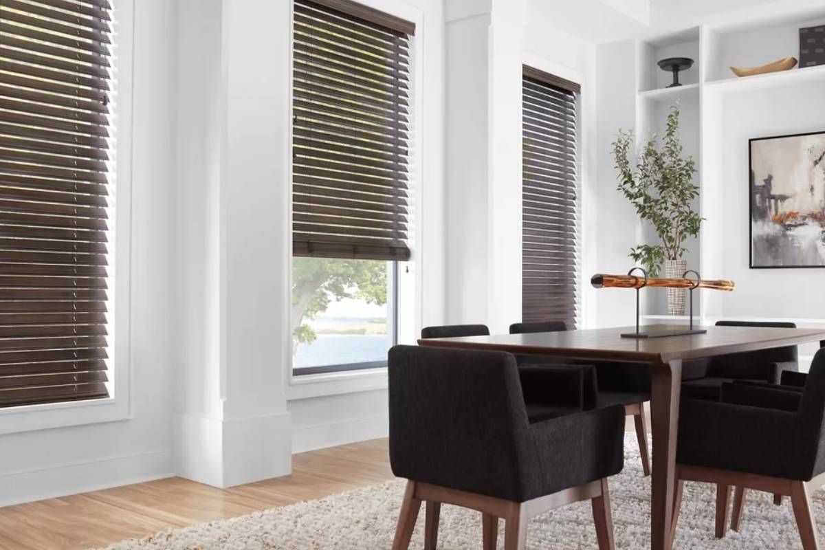 Brown Hunter Douglas EverWood® Faux Wood Blinds in a Modern Dining Area near Lockport, NY
